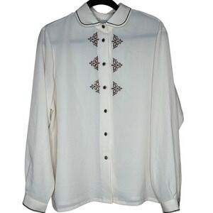 Vintage Koret Embroidered Blouse Long Sleeve Button Up Top Cream Size 14